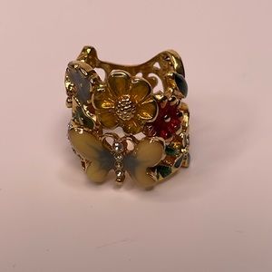 GUESS Ring Gold Tone Butterfly Flowers Enamel Ring